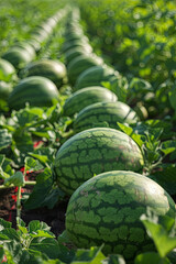 Aufkleber - A vast field bursting with ripe watermelons, each adorned with vibrant green leaves under the suns warm embrace