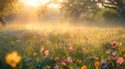 Wall Mural - Golden Hour in Blossoming Wildflower Field 
