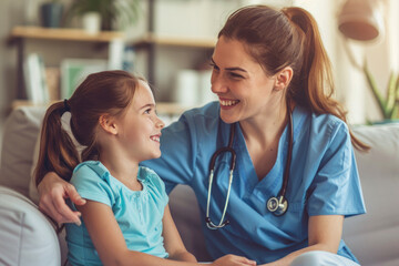 doctor woman pediatrician supporting a sick child teenage girl patient sitting on sofa