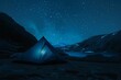 Blue tent with light under starry night