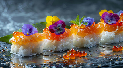 Aufkleber - A plate of sushi adorned with edible flowers, creating a stunning and unique culinary masterpiece