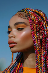Poster - A woman with colorful braids adorning her head, creating a striking and vivid visual display