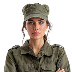 Wall Mural - Woman in the army, portrait of a military female person isolated on white, transparent, PNG