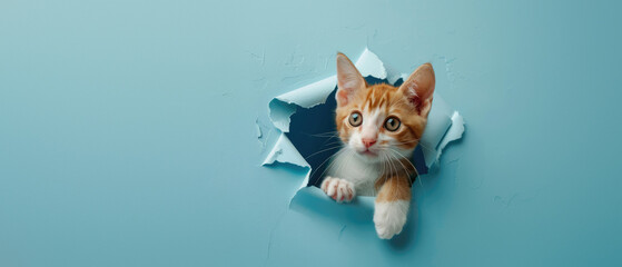 An adorable orange kitten with striking eyes peeking curiously through a torn blue paper backdrop