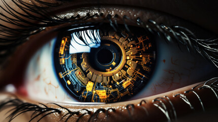 Wall Mural - Hyperrealistic human eye close-up with microchip in the center of the eye. Sci-fi concept of cyborg eye. Generative AI
