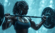 Female bodybuilder doing exercise with weight bar in heavy rain
