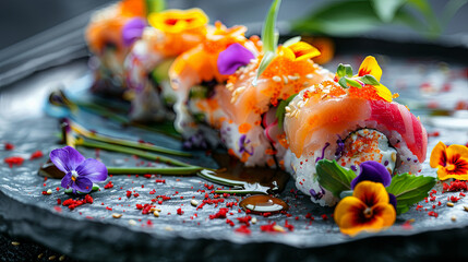 Wall Mural - A piece of sushi delicately placed on a plate adorned with vibrant flowers, creating a visually stunning and appetizing presentation