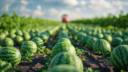 Poster - A vast field brimming with ripe watermelons stretches into the distance, with a tractor quietly standing in the background