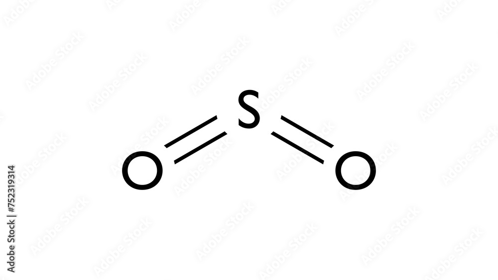 sulfur dioxide molecule, structural chemical formula, ball-and-stick model, isolated image toxic gas