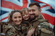 Military Family Embracing With UK Flag in Background