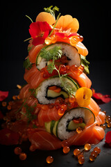 Poster - A picturesque arrangement of various sushi rolls stacked elegantly on a sleek black surface, showcasing the vibrant colors and textures of the fresh ingredients