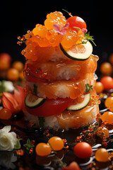 Poster - A mesmerizing stack of sushi pieces, each delicately balanced on top of the other, creating a visually stunning tower of Japanese cuisine