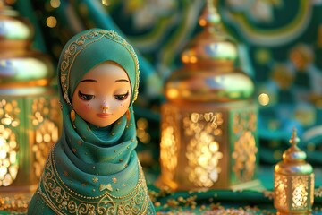 Cute Muslim girl with lanterns. Ramadan Kareem background