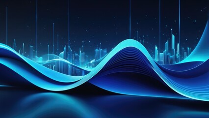 Wall Mural - Abstract blue 3D aurora, undulating like silk against a backdrop of business technology icons, minimalist in design, evoking a sense of connection between innovation and fluidity, digital render