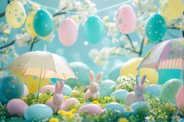 Wall Mural - A Whimsical Display of Pastel Easter Umbrellas and Rain Gear, Perfectly Capturing the Essence of Spring's Joyful Celebration