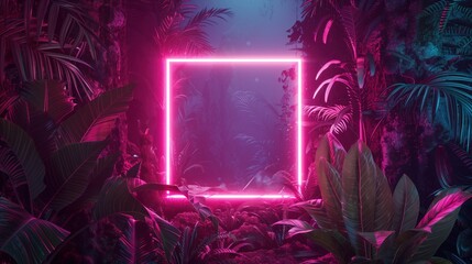 Wall Mural - mystical neon jungle with luminous pink frame, mysterious neon pink framed portal amidst dense tropi