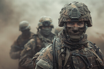 Wall Mural - modern soldiers fully equipped facing the camera in a dusty and smoggy environment