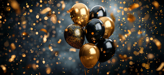 Wall Mural - Gold and black balloons with golden confetti explosion flying around on a dark background. Elegant and luxury birthday card banner with copy space.