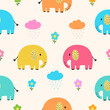 Seamless pattern with elephant, flowers and rain for your fabric, children textile, apparel, nursery decoration, gift wrap paper, baby's shirt.