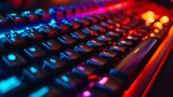 Fototapeta  - Close up of computer keyboard with blue and red lights, shallow depth of field