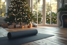 Unrolled Yoga Mat On Wooden Floor In Modern In A Big Living Room At Home. Decorated Christmas Tree Is On The Background. Generative AI
