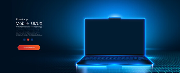 Aufkleber - A portable neon computer with blank screen and a desk in a dark room with blue lighting. Striking image featuring a laptop with neon blue light on a digital grid, symbolizing cutting-edge technology.