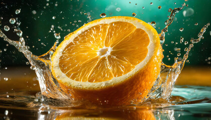 Wall Mural - Half of fresh orange, with water droplets splashing around. Healthy and tasty fruit. Juicy citrus.