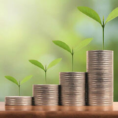 Small trees on a pile of gold coins and a natural green background. Money saving ideas.