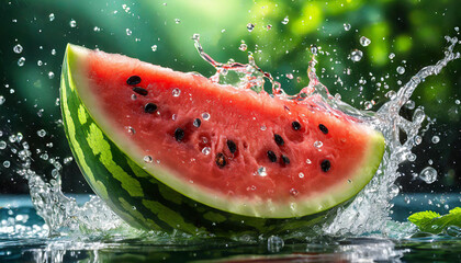 Wall Mural - Slice of fresh watermelon, with water droplets splashing around. Healthy and tasty fruit.