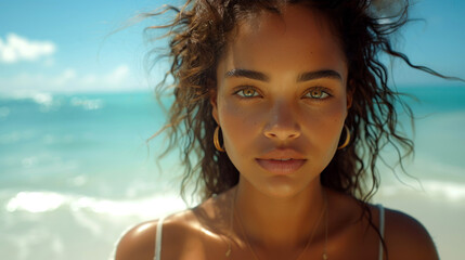 Poster - Young girl with curly hair in sunlight on the beach. Natural beauty close-up.