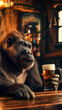 Gorilla drinking a glass of beer in a bar, concept poster for pub advertising, vertical poster