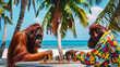 Two adult orangutans playing chess on the ocean, vacation in a popular resort, concept for advertising a cruise