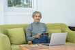 © Verin - portrait asian senior man sitting on sofa in the living room,surfing on internet with tablet and laptop at home,concept of elderly people modern lifestyle with technology