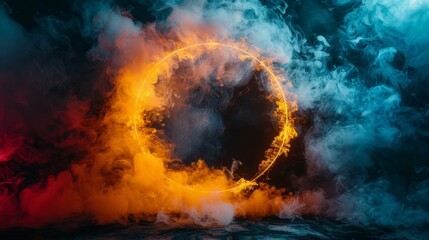 Wall Mural - Smoke round frame, ink water mix, occult wheel, explosion smog cloud, orange-red yellow fume circle, AI Generative
