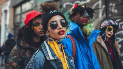 Wall Mural - Fashionable street style photography showcasing diverse urban fashion trends and dynamic poses, capturing the essence of contemporary culture.