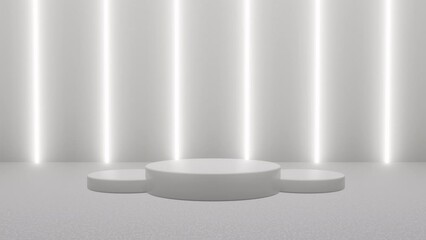 Fototapete - White podium with light backdrop isolated white background, product, presentation, cosmetic. Futuristic showcase with platform for product display. Presentation on empty stage. 3d animation loop 4K