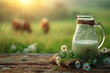 Clear glass jug of milk on wooden table, cows walking on grass background, rustic, natural environment