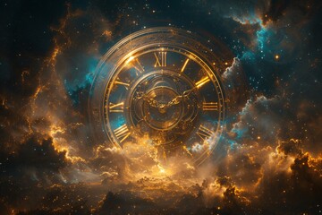 a majestic cosmic clock, blending with space nebula, symbolizing the concept of infinite time and un