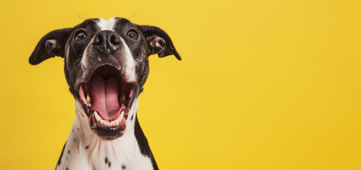 Wall Mural - Happy funny excited little dog with long ears and wide open mouth on bright background	
