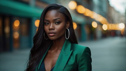 Wall Mural - Beautiful black model in green suit, straight long hair