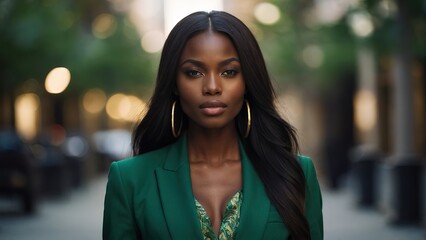 Wall Mural - Beautiful black model in green suit, straight long hair