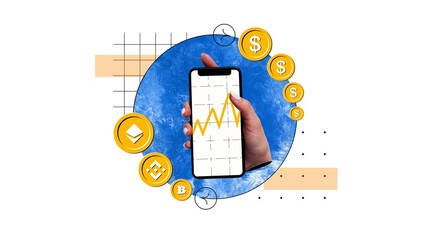 Wall Mural - Woman holding phone with financial graph on screen. Increase of cryptocurrency usage. Monitoring cryptocurrency prices, usage cryptocurrency in payment. Concept of cryptocurrency, business, trading