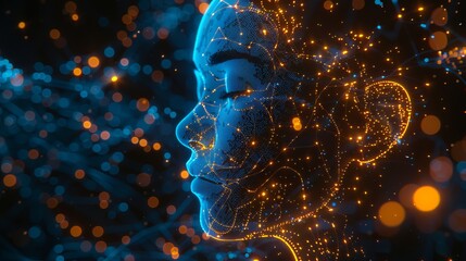 Poster - AI robot on abstract background, side view of humanoid cyborg head and light of mind. Futuristic innovation in world of technology. Concept of science, digital art, future.
