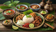 Enticing Image of Nasi Campur Bali - Popular Balinese Meal Highlighting Traditional Rice Dish with Variety of Flavors, Colors, and Optional Extras - Optimized for Cultural Richness and Culinary Divers