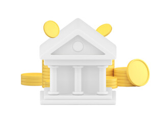 Poster - bank building with retro column and golden cash coin money 3d icon realistic vector illustration