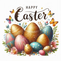 Wall Mural - Greeting card for Easter, with the inscription and colorful Easter eggs on a white background for social media ads , post , flyer created with generative ai