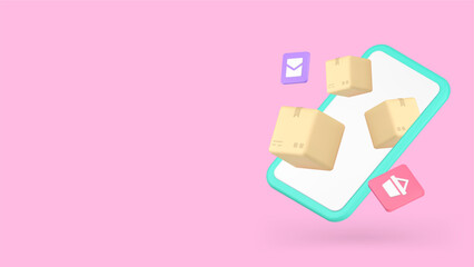 Poster - Online shopping parcel order delivery smartphone application banner copy space 3d icon vector