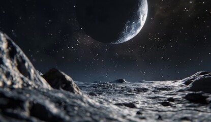 Wall Mural - realistic landscape milky way, starry night, moon close up