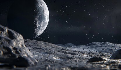 Wall Mural - realistic landscape milky way, starry night, moon close up