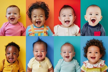 Collage of diverse Emotional baby toddlers expressing various feelings - happiness Excitement Joy And celebration